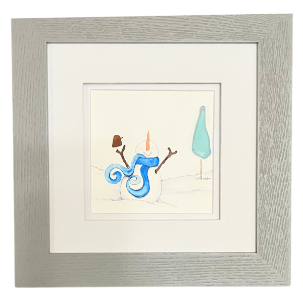 The Happy Snowman Aroostook River Illustration displayed in a gray wood frame