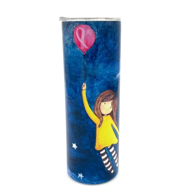 Trust the Journey breast cancer tumbler featuring a girl holding a pink balloon against a blue starry background.