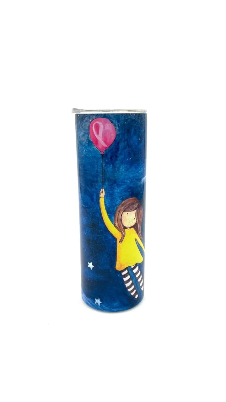 Trust the Journey breast cancer tumbler featuring a girl holding a pink balloon against a blue starry background.