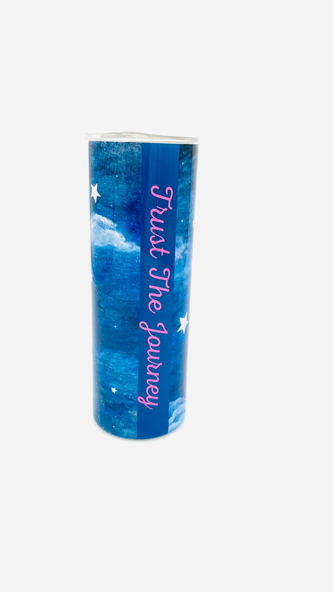 Back view of the Trust the Journey breast cancer tumbler featuring pink lettering against a blue watercolor background with white stars.
