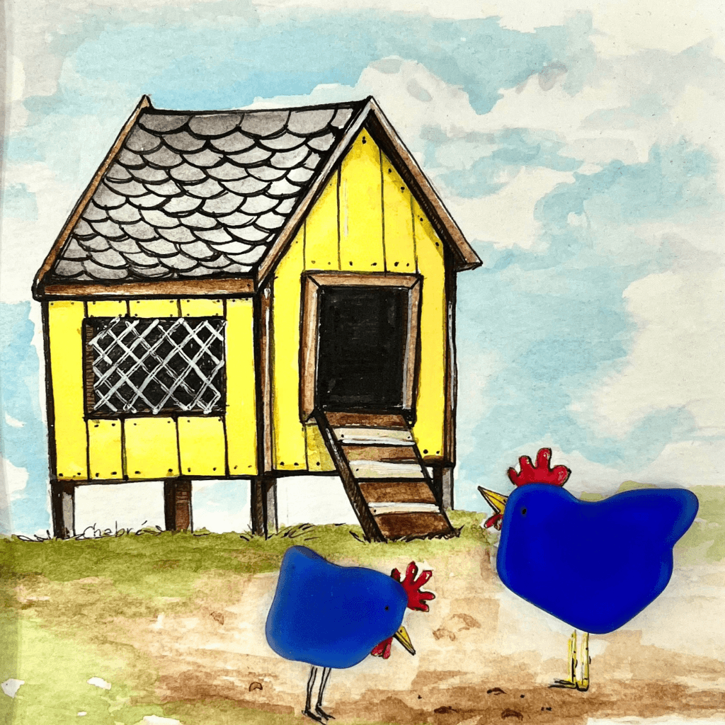 Close up of Blue Chickens & The Yellow Coop original illustration with two cobalt blue Aroostook River glass chickens