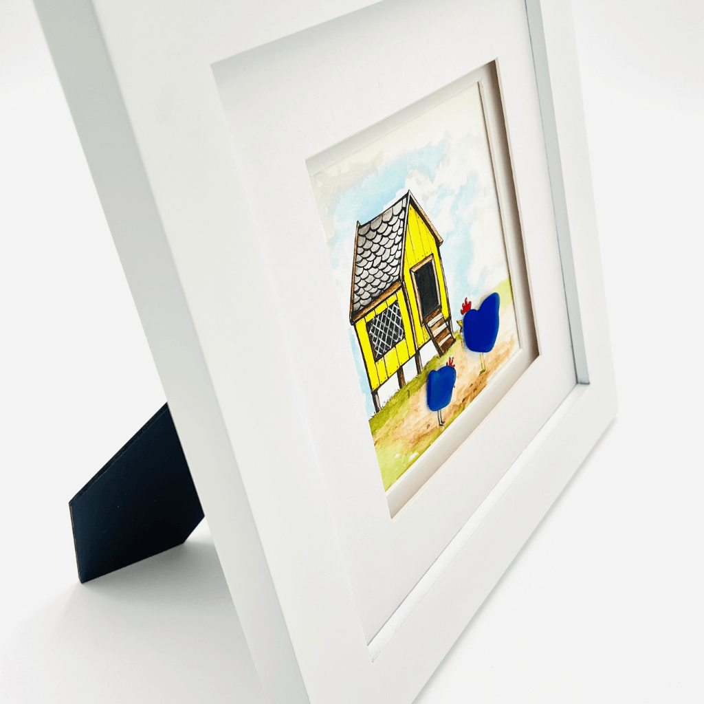 Side view of framed Blue Chickens & The Yellow Coop artwork showing raised Aroostook River glass chickens
