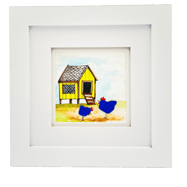 Blue Chickens & The Yellow Coop framed original artwork with cobalt blue Aroostook River glass chickens