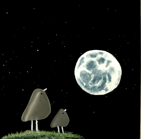 Two stylized birds made from river glass standing on grass, looking toward a glowing full moon in a dark night sky.