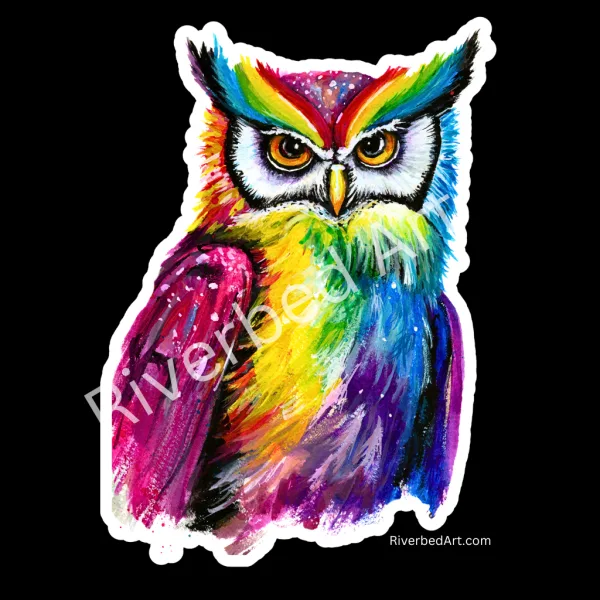 Rainbow Pride Owl waterproof vinyl sticker by Riverbed Art on black background