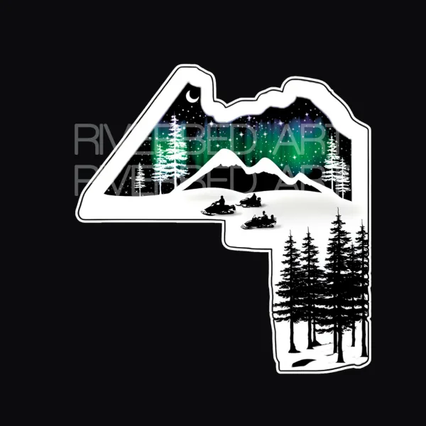 Snowmobile scene sticker in shape of Aroostook County on black background