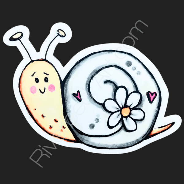 Smiling snail vinyl sticker with a white shell, daisy flower, and small pink hearts, illustrated in a soft hand-drawn style by Riverbed Art