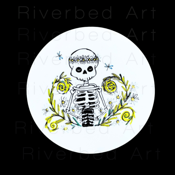 Original Riverbed Art illustration sticker featuring a skeleton crowned with flowers surrounded by blooming foliage