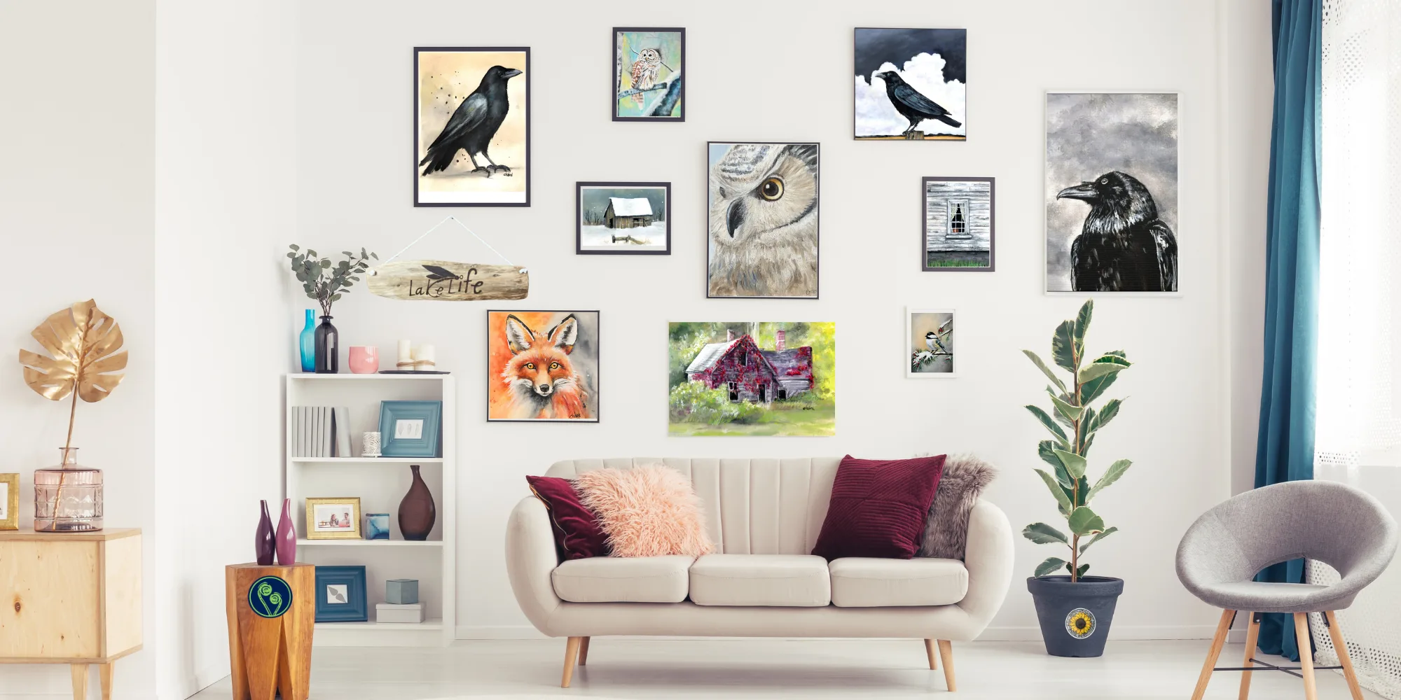 Multiple Riverbed Art prints displayed as decor on a wall.