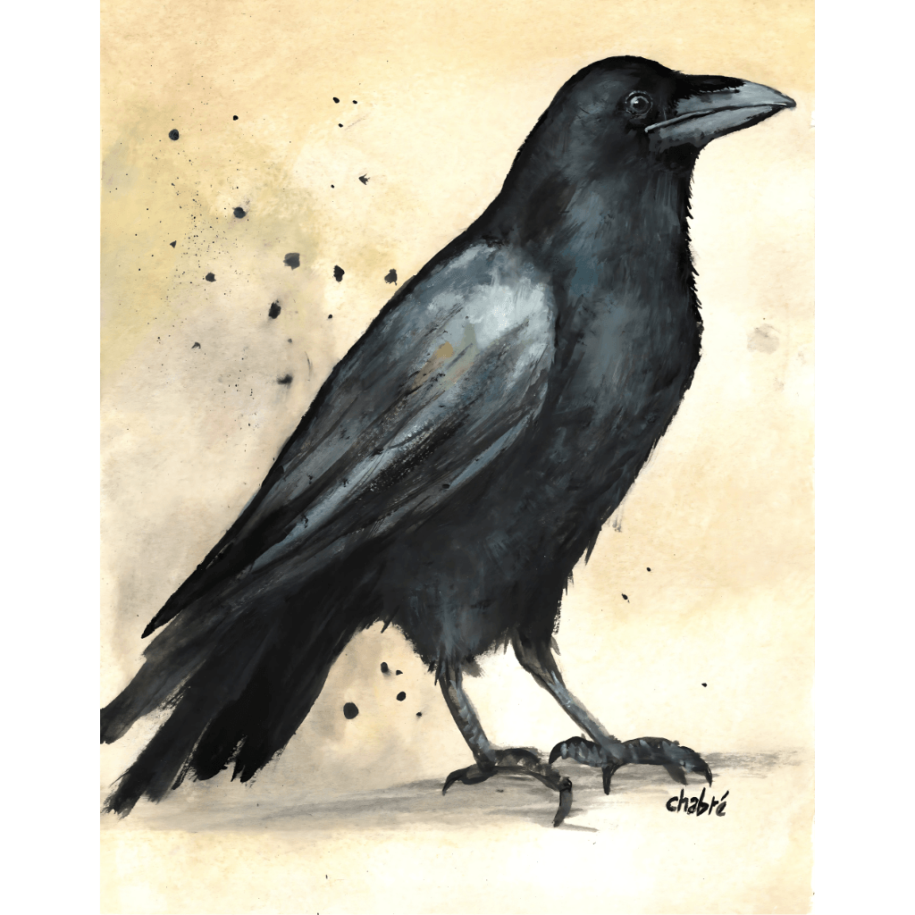 Illustration of a crow titled "Charlie" on a textured beige background, created by Riverbed Art.