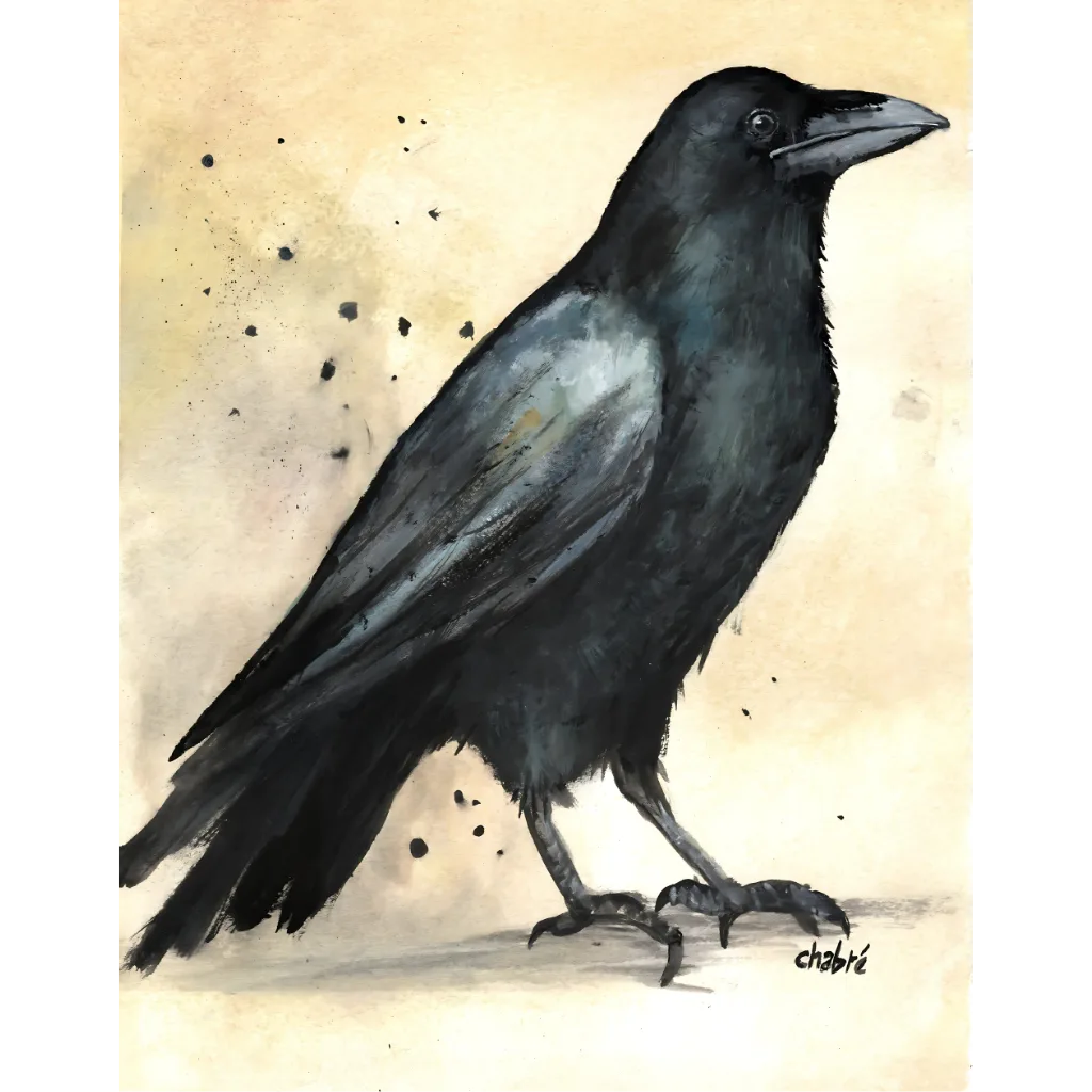 Illustration of a crow titled "Charlie" on a textured beige background, created by Riverbed Art.
