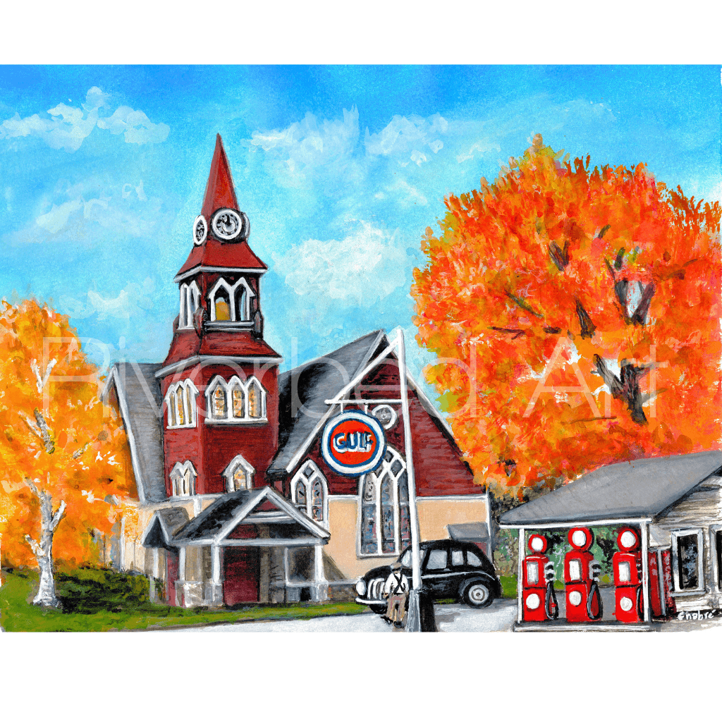 8x10 open art print of Grey Memorial Church in Caribou, Maine on a black background.