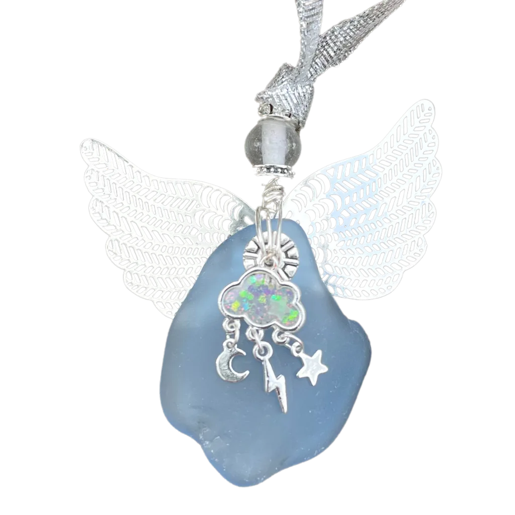 Cornflower Sky Angel with filigree wings and cloud charm on transparent background