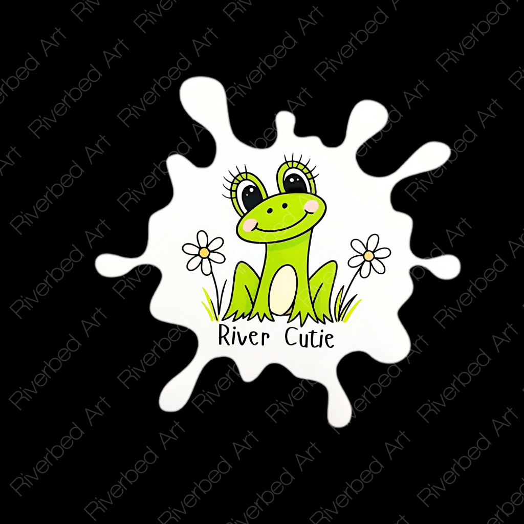 River Cutie frog sticker with splash shape on a black background.
