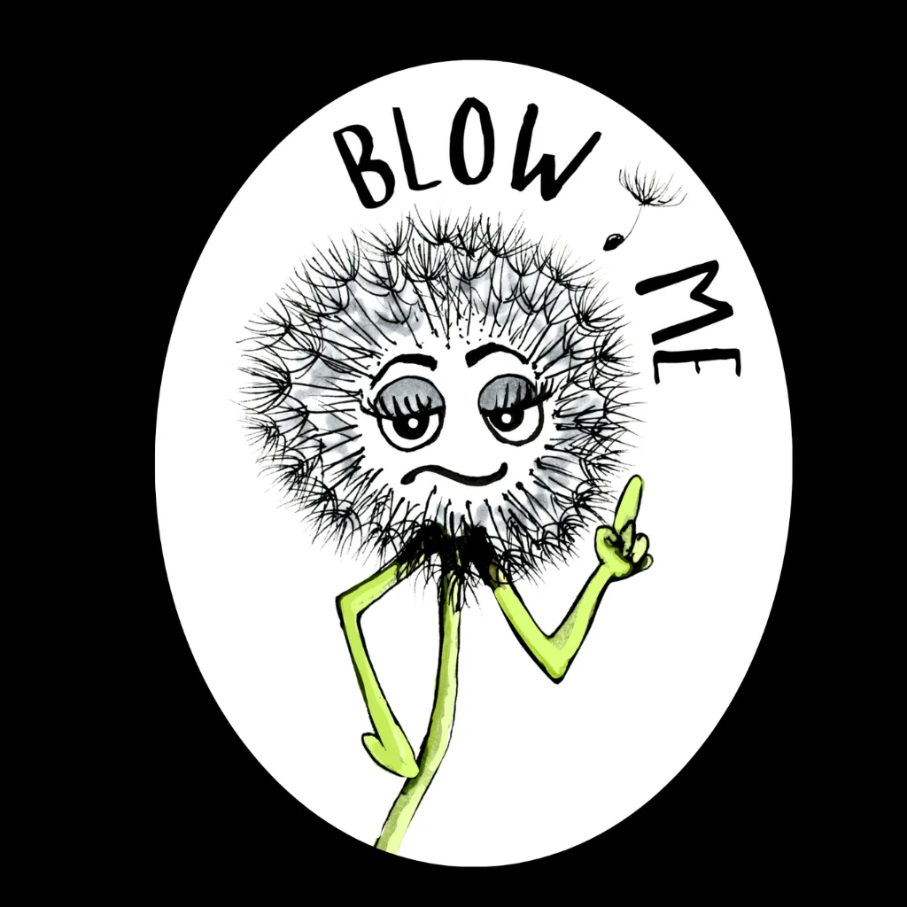 Funny dandelion sticker with the phrase “Blow Me” – illustrated by Riverbed Art