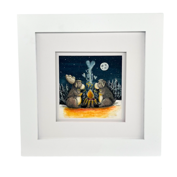 Original gouache moose illustration with beach glass fire, framed in 10x10 white mat frame.