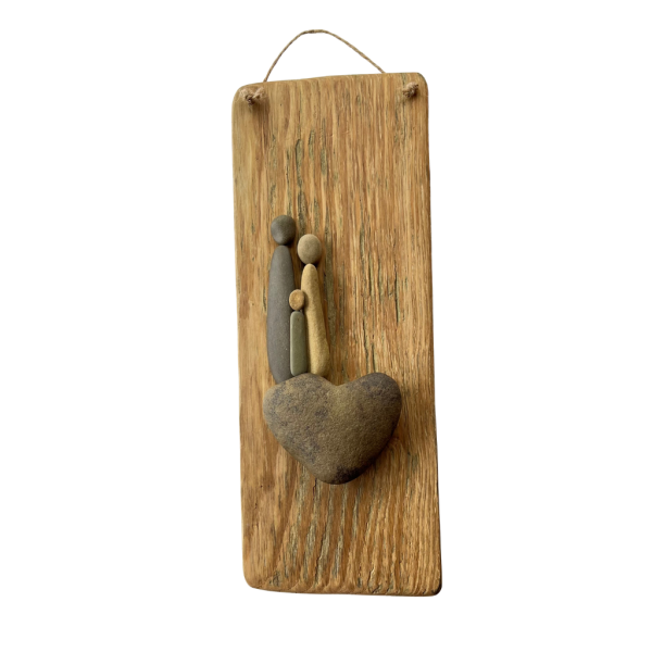 Driftwood and pebble art wall hanging with heart stone, handmade from Aroostook River stones.
