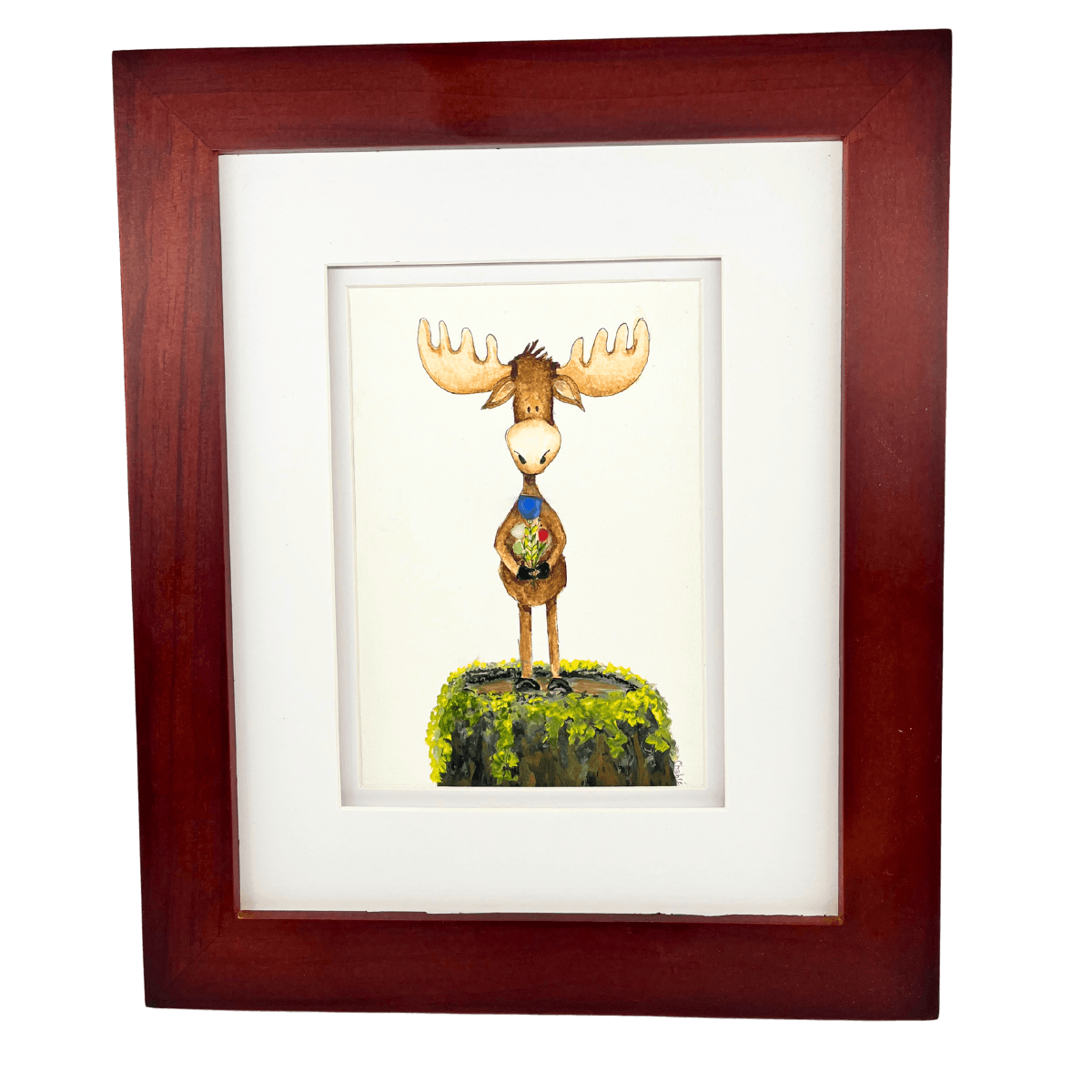Framed 5x7 mixed media moose artwork titled You’re My Maine Squeeze by Riverbed Art, featuring a watercolor and gouache illustration with flowers made of Aroostook River glass, matted and framed in an 8x10 wood frame.