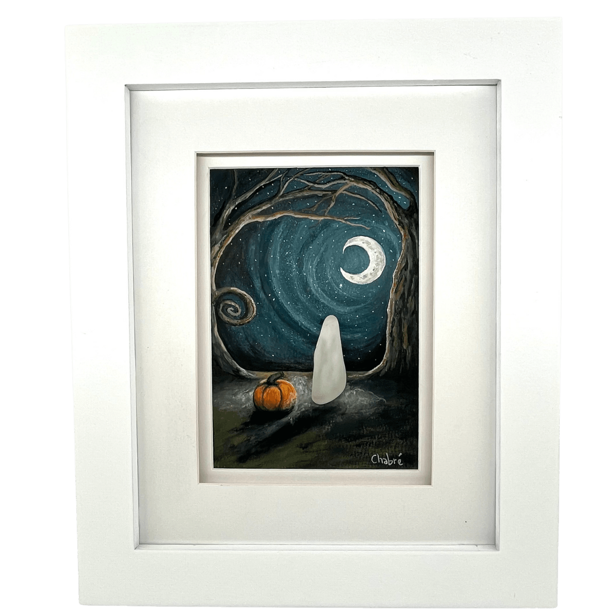Original Aroostook River Illustration titled October Night by Riverbed Art, featuring a ghost made from handpicked Aroostook River beach glass beneath a crescent moon and swirling night sky, framed in white wood.