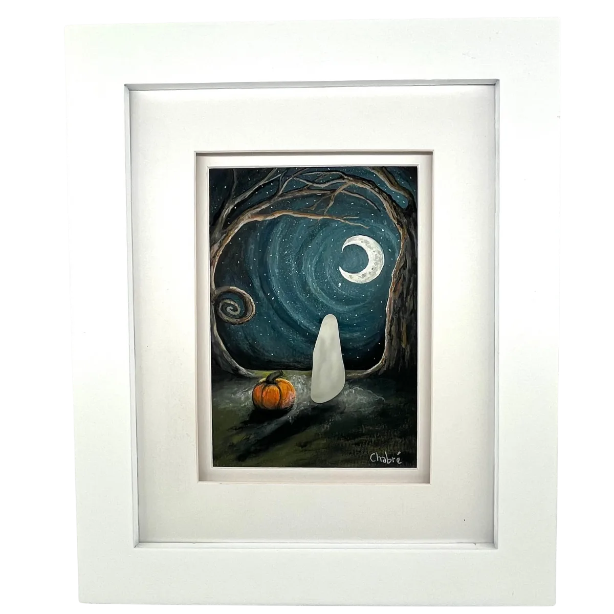 Original Aroostook River Illustration titled October Night by Riverbed Art, featuring a ghost made from handpicked Aroostook River beach glass beneath a crescent moon and swirling night sky, framed in white wood.