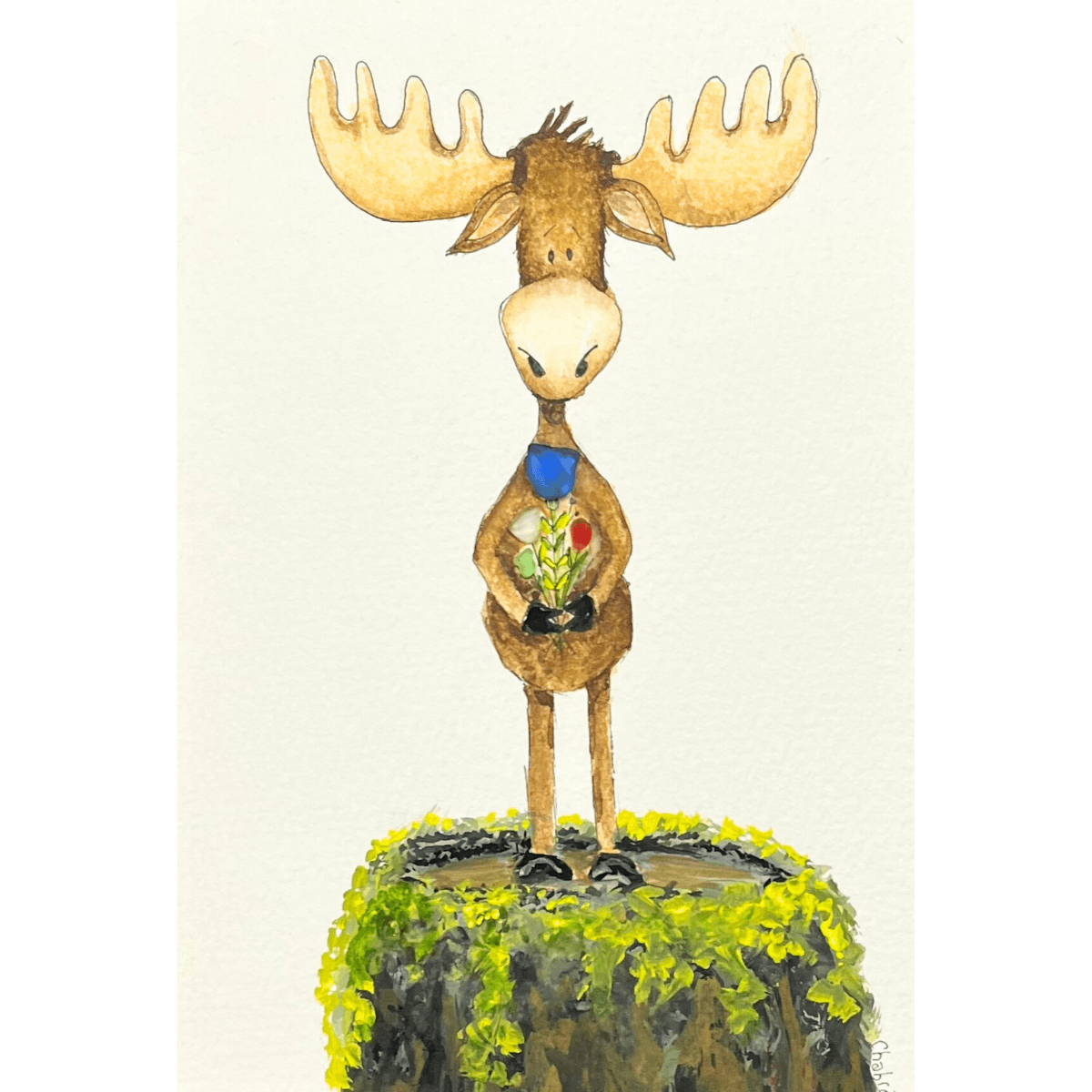 Close-up of You’re My Maine Squeeze, a mixed media moose painting by Riverbed Art featuring watercolor, gouache, and handpicked Aroostook River glass flowers.