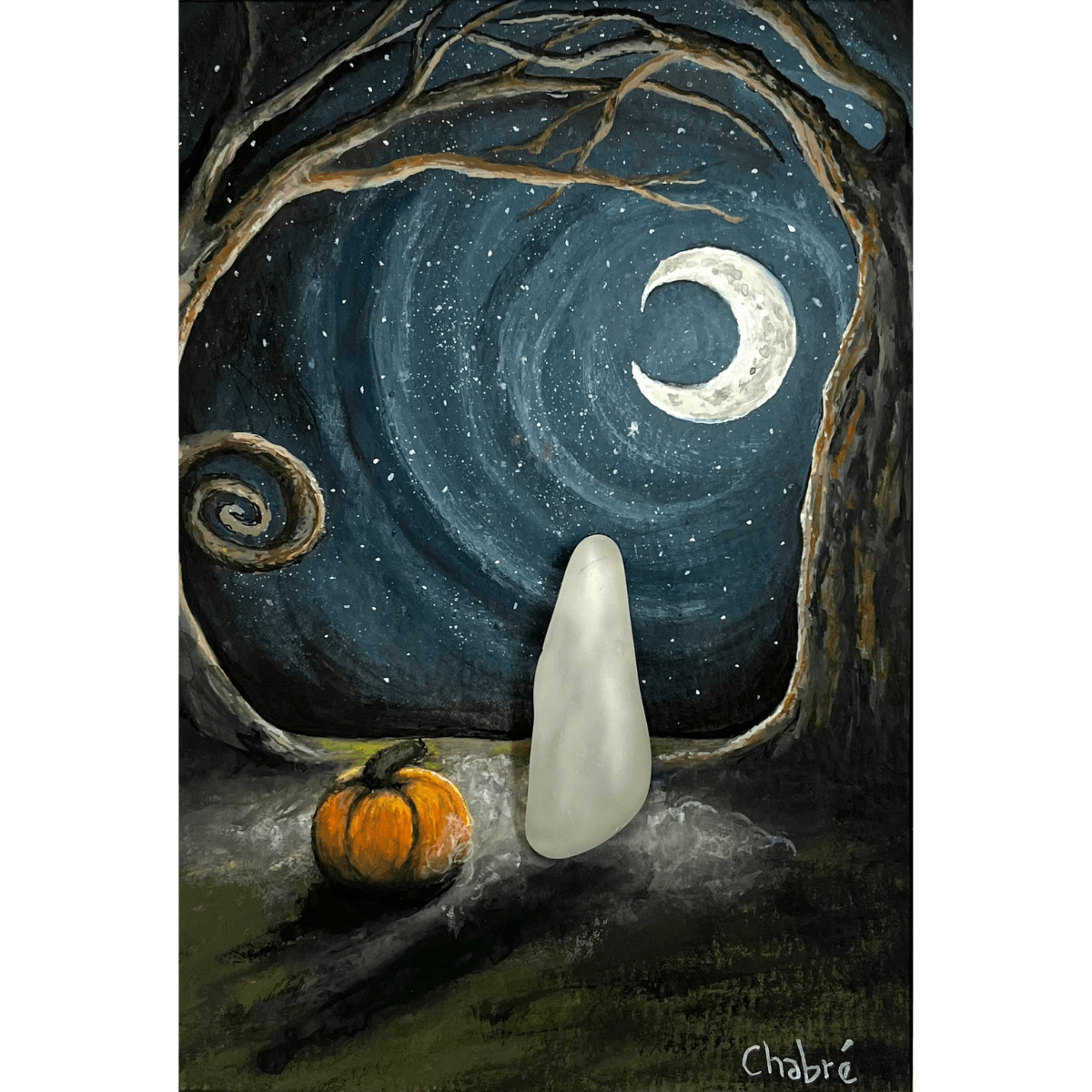 Close-up of October Night original gouache painting by Riverbed Art featuring a ghost made of Aroostook River glass and a pumpkin beneath a crescent moon.