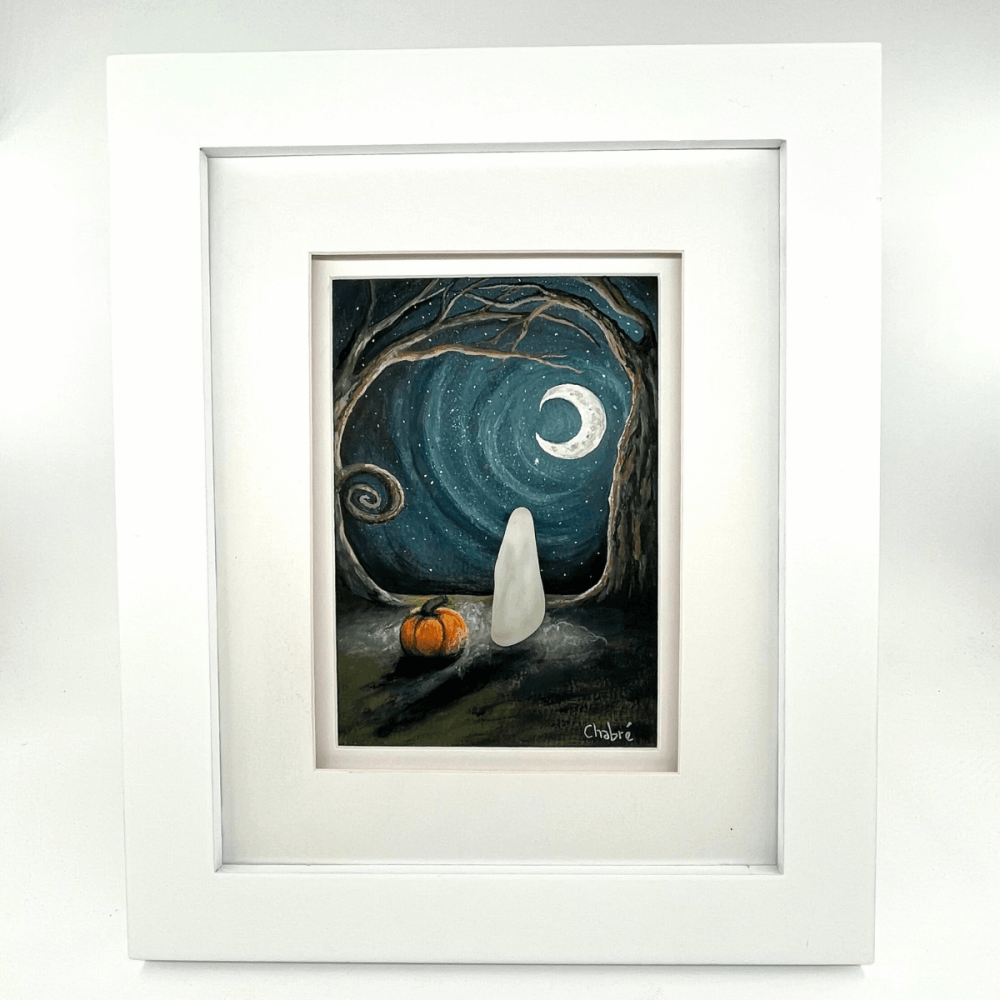 Framed gouache artwork October Night by Riverbed Art, featuring a moonlit scene with a ghost crafted from Aroostook River glass and a small pumpkin.