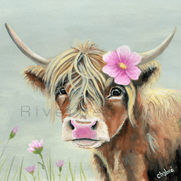 Blossom fine art print by Riverbed Art featuring a Highland cow with a pink flower and soft pastel background.