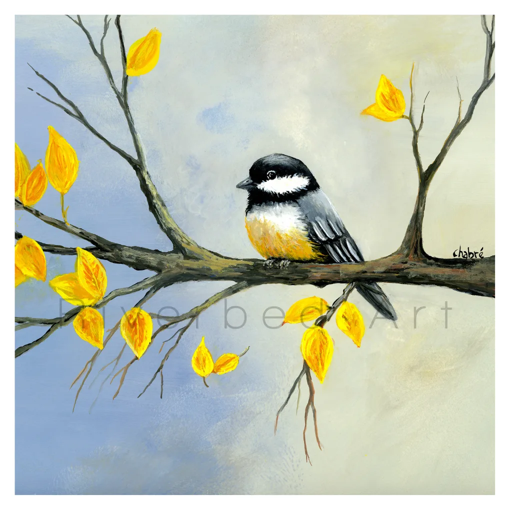 Autumn Chickadee fine art print by Riverbed Art featuring a chickadee on an autumn branch with golden leaves, giclée print on Epson Velvet Fine Art Paper.