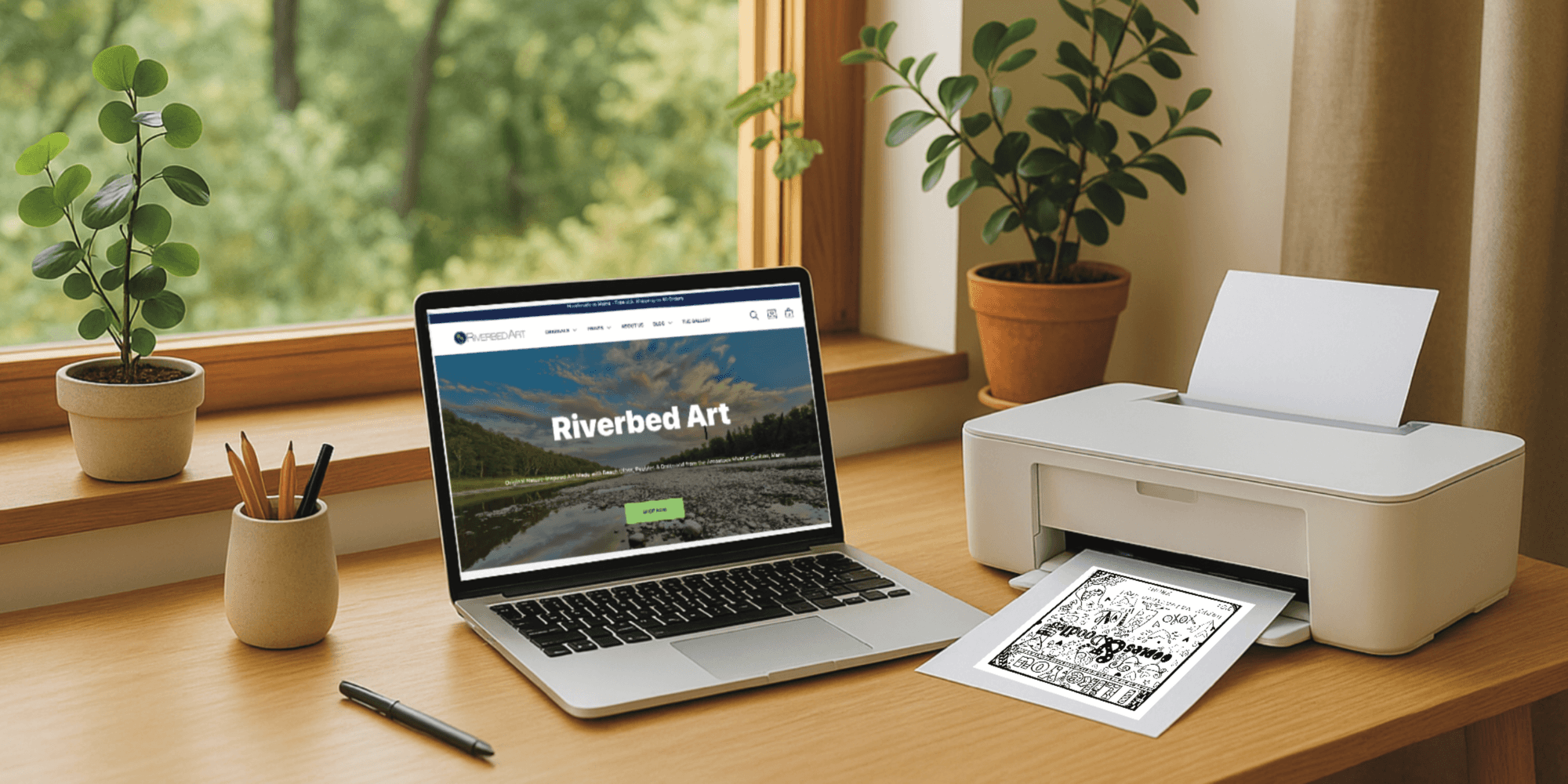 Workspace with a laptop showing the Riverbed Art website and a home printer printing a Valentine’s Day coloring card. Plants and natural light create a cozy, nature-inspired desk scene.