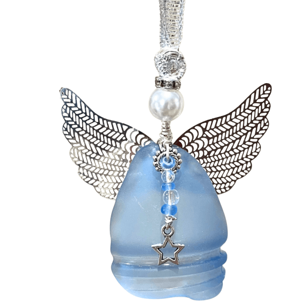 Aroostook River Angel Blue Star handmade with blue river glass and silver wings
