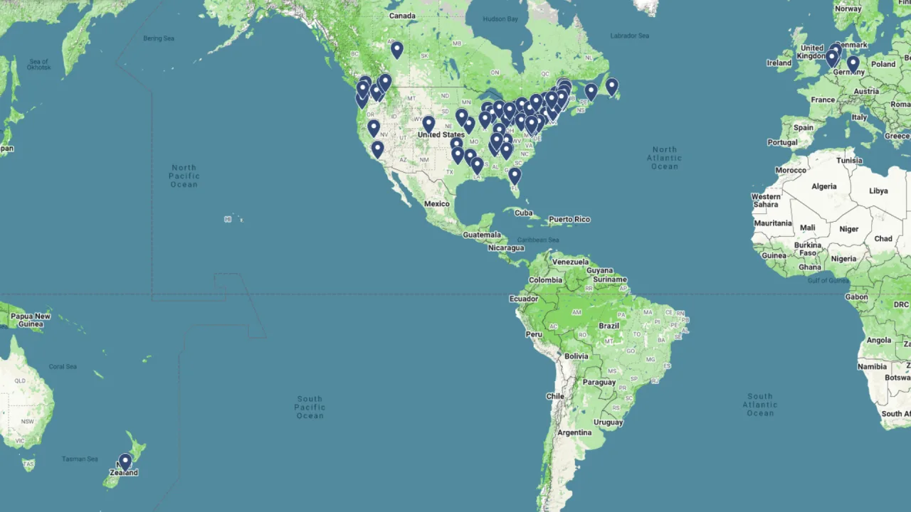 A map displaying pins on locations Riverbed Art in Caribou Maine has shipped to.