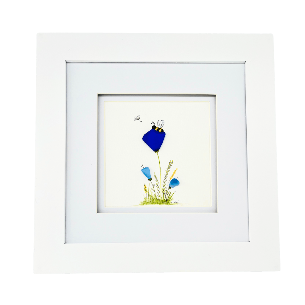 Framed Aroostook River illustration titled Rest featuring three blue river glass flowers in a soft nature scene
