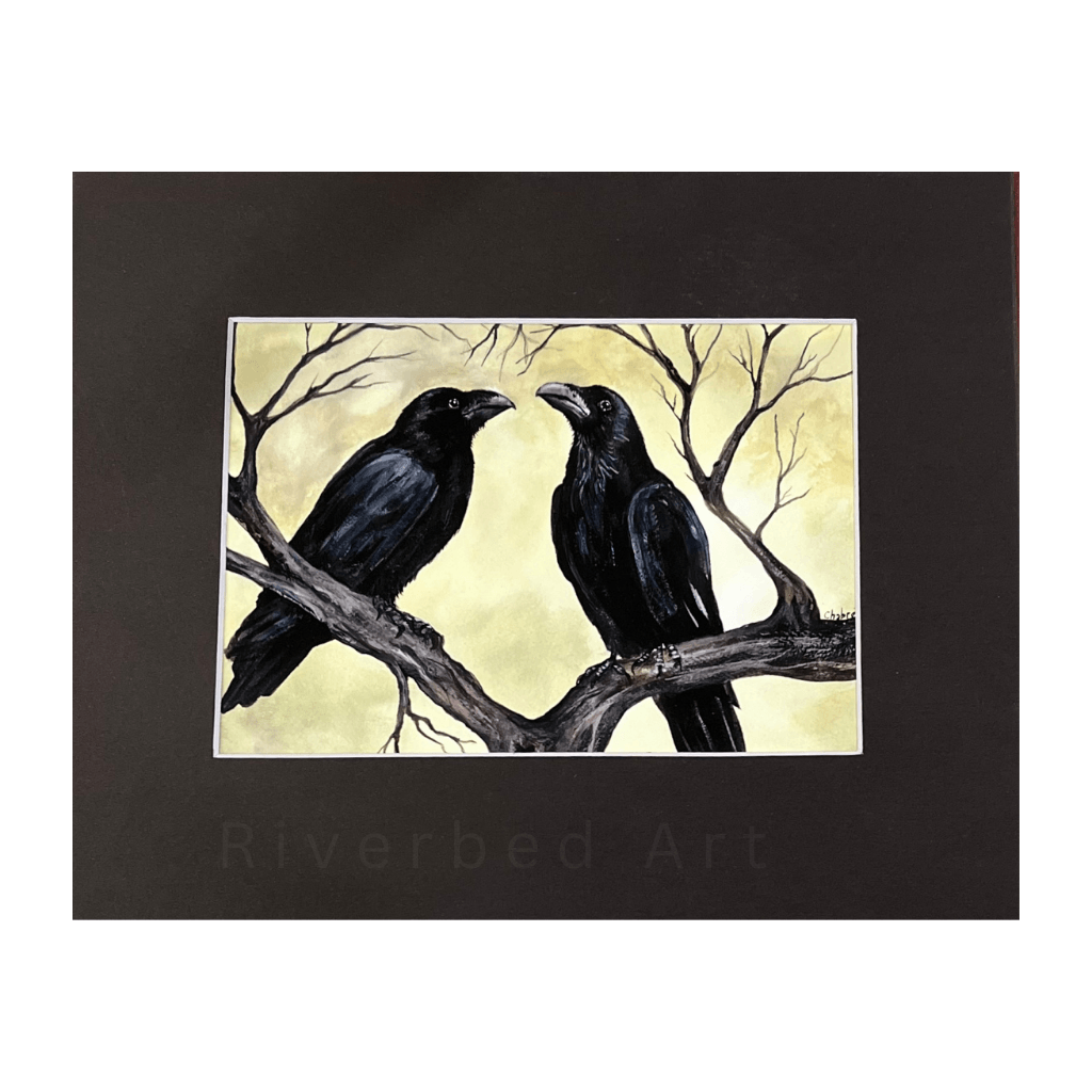 “The Couple” original crow painting reproduced as a fine art print, matted in black with a minimalist presentation