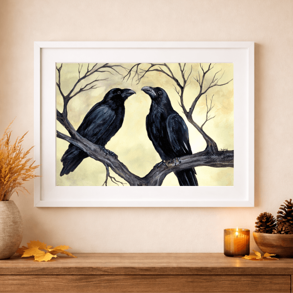 “The Couple” original crow art print by Riverbed Art displayed in a white frame hanging on a neutral wall