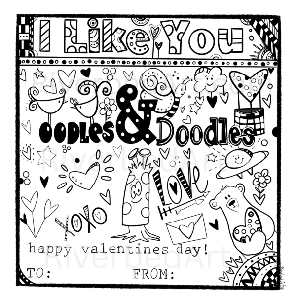 Valentine’s Day kids art project printable card design with doodles and space for To and From