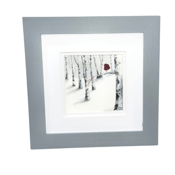 Waiting for Spring original Aroostook River Illustration featuring rare red beach glass bird, framed in grey wood with white mat.