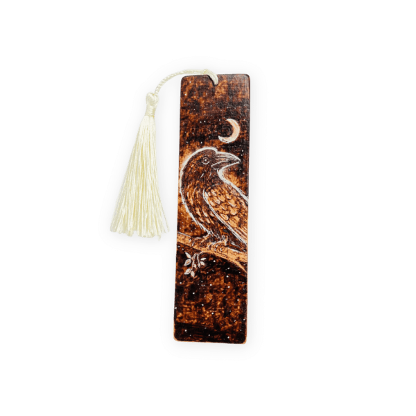 woodburned crow bookmark handmade cherry wood pyrography bookmark with tassel by Riverbed Art