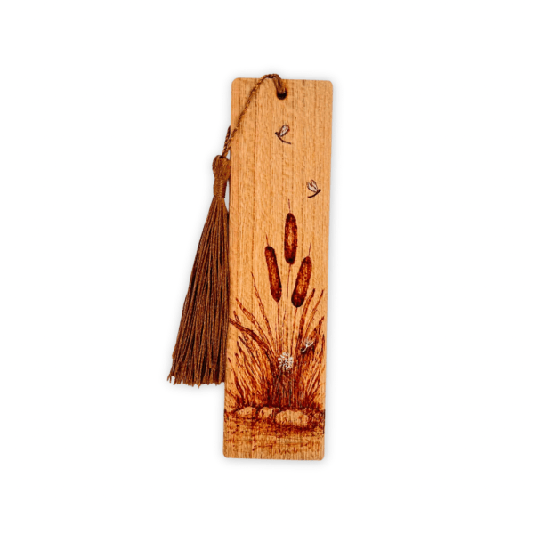 woodburned cattail bookmark on cherry wood with tassel by riverbed Art