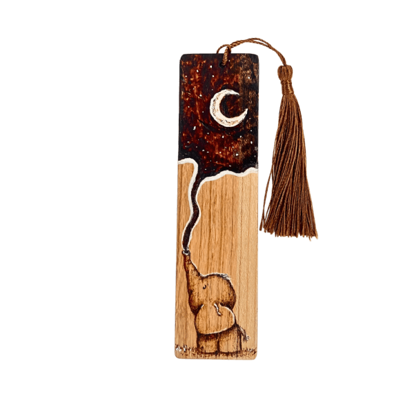 woodburned elephant bookmark handmade cherry wood pyrography bookmark with tassel by Riverbed Art