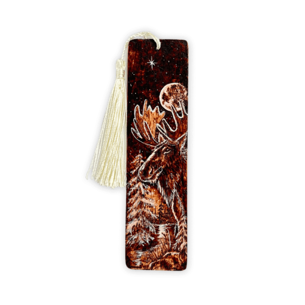 woodburned moose bookmark on cherry wood with tassel