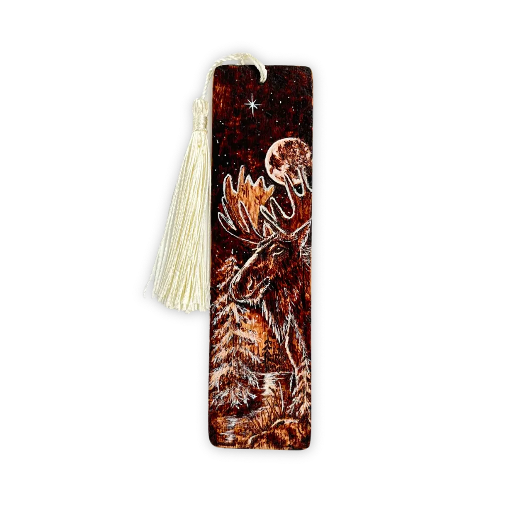 woodburned moose bookmark on cherry wood with tassel