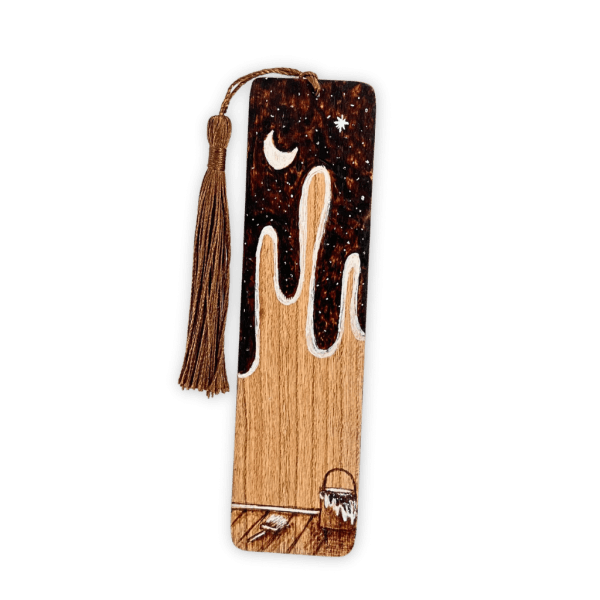 woodburned painter bookmark on cherry wood with tassel and paint design