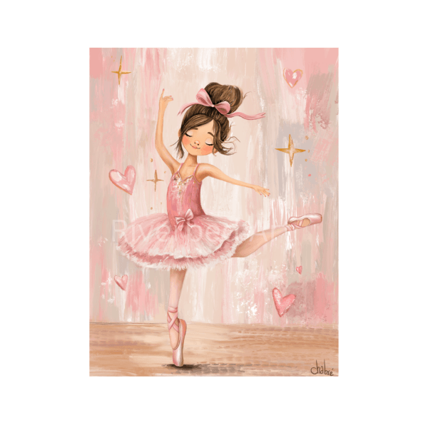Tiny Dancer ballerina art print featuring a young dancer in a pink tutu with hearts and star accents