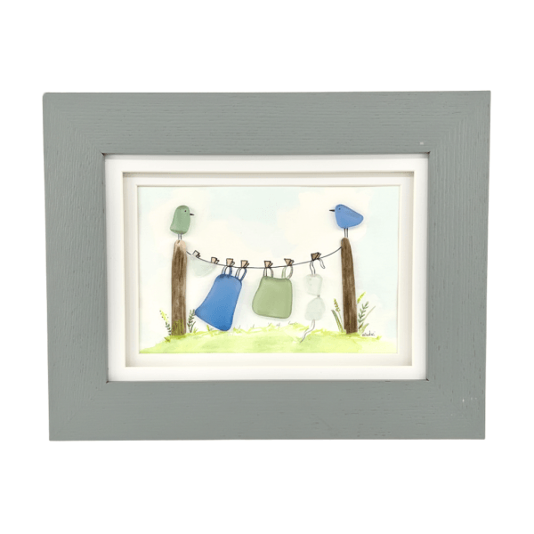 Laundry Day original Aroostook River Illustration matted and framed with river glass birds and hanging laundry