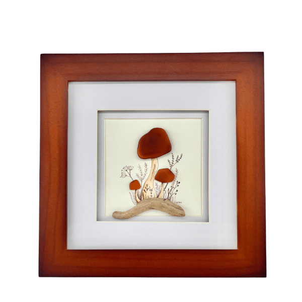 Aroostook Mushrooms original Aroostook River Illustration matted and framed in a warm wood frame