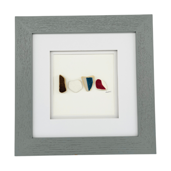 Love You to Pieces original river pottery art matted and framed on a white background Caption: Love You to Pieces matted and framed