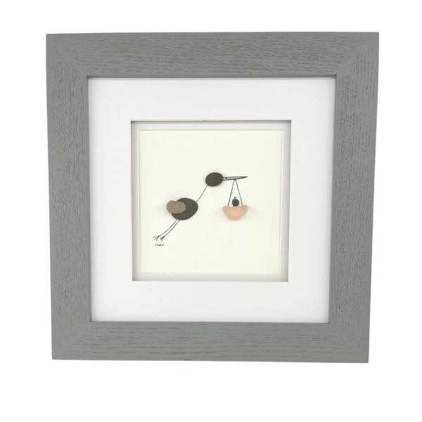 Special Delivery baby girl Aroostook River Illustration matted and framed in a soft gray wood frame