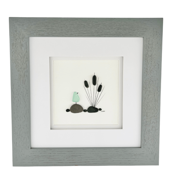 Where Peace Grows framed original river glass and pebble artwork isolated on a light background