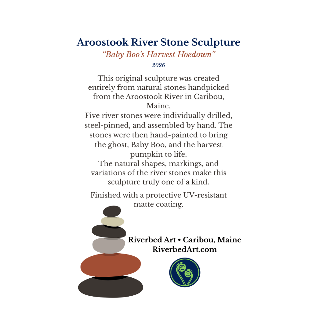 Information card for Baby Boo’s Harvest Hoedown describing its five Aroostook River stones, steel pins, and painted matte finish
